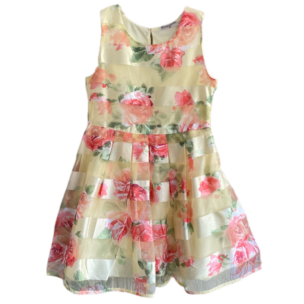 BEAUTEES Yellow Satin Floral Striped Dress